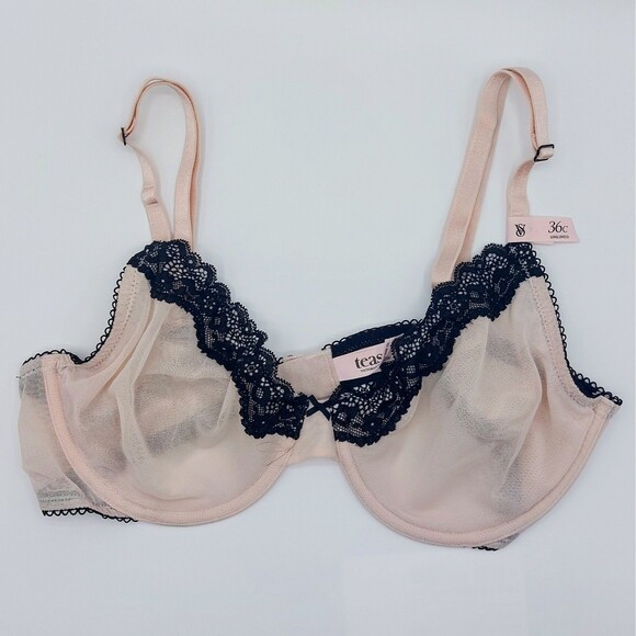 NEW Victoria’s Secret Tease Demi Unlined Size Bra 36C Pink Black Lace - Picture 2 of 7